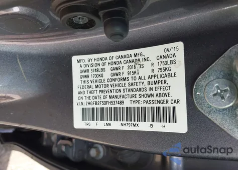 2015 Honda Civic Lx z USA, uszkodzony, nr VIN 2HGFB2F50FH537489